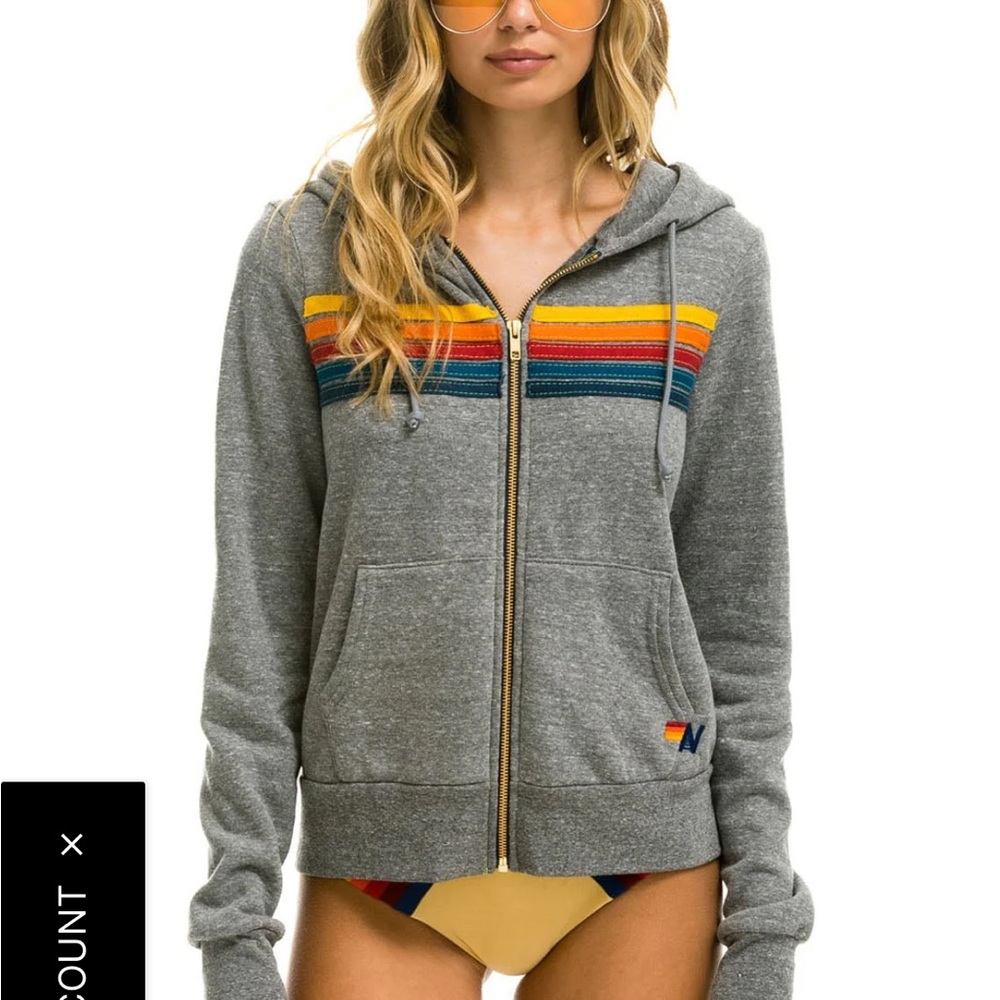 Aviator Nation 5 Stripe Rainbow Zip Hoodie Gray Size Small